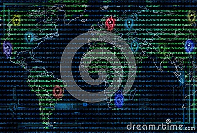 World map with geo pins and computer code overlay. Navigation and geolocation concept illustration. Digital cartography and Cartoon Illustration