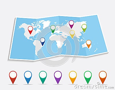 World map with geo position pins EPS10 vector file. Vector Illustration