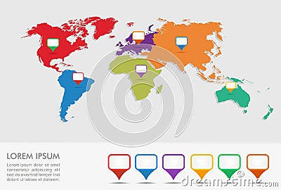 World map, geo position pointers infographics EPS10 file. Vector Illustration