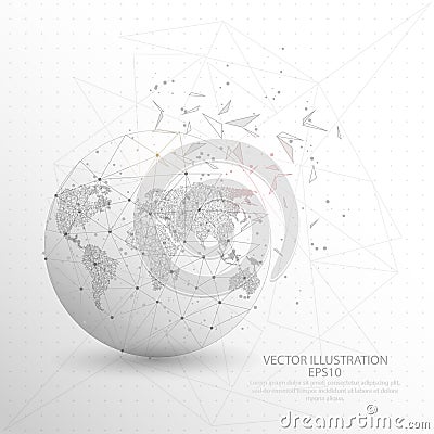 World map globe digitally drawn low poly triangle wire frame. Vector Illustration