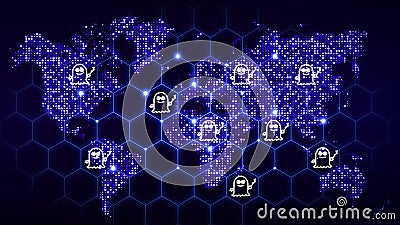 World map with glowing dots and a hexagon grid with spectre symb Stock Photo
