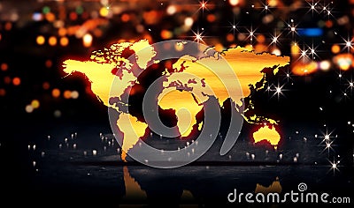 World Map Gold City Light Shine Bokeh 3D Background Stock Photo