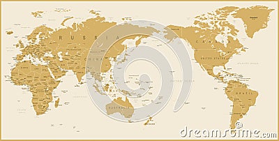 World Map Golden Detailed - Asia in Center Stock Photo
