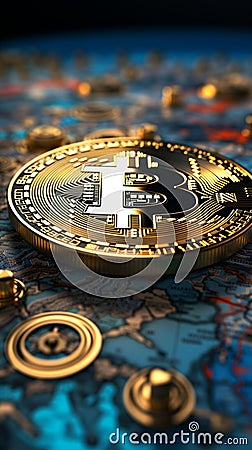 A world map graces the Bitcoin background, symbolizing its global influence Stock Photo