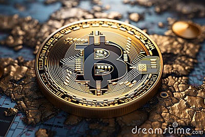 A world map graces the Bitcoin background, symbolizing its global influence Stock Photo