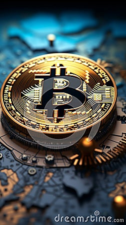 A world map graces the Bitcoin background, symbolizing its global influence Stock Photo