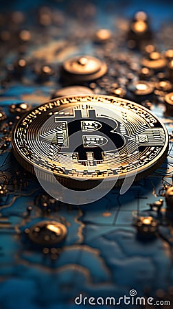 A world map graces the Bitcoin background, symbolizing its global influence Stock Photo