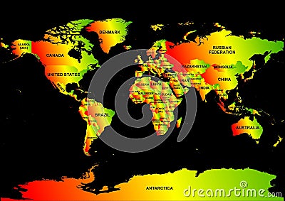 World Map Gradient Rainbow shades Style Dark Version Stock Photo