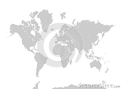 World map. Gray continents on white background. Asia, Africa, North America, South America, Antarctica, Europe, and Australia Vector Illustration