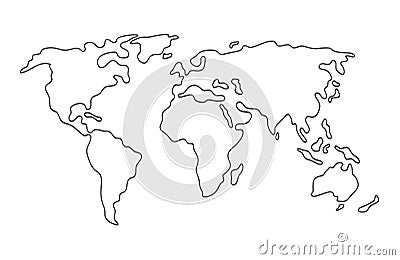 World map. Hand drawn simple stylized continents silhouette line outline thin shape. Isolated vector illustration Vector Illustration