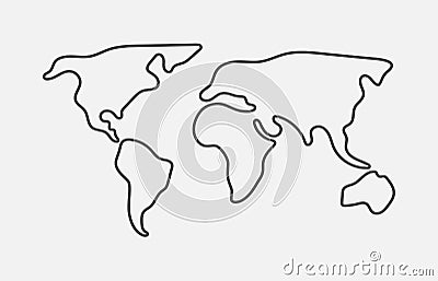 World map. Hand drawn simple stylized continents silhouette in minimal line outline thin shape. Vector Illustration