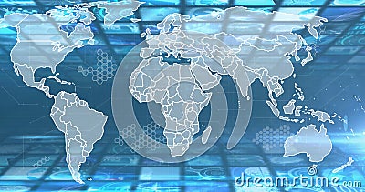 World map with hexagonal patterns and data processing image over blue background Stock Photo