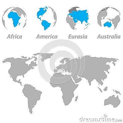 World map with highlighted continents on the globe Vector Illustration