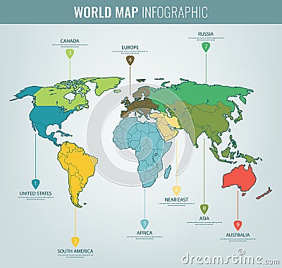 World map infographic template. All countries are selectable. Vector Vector Illustration