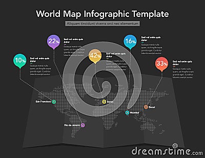 World map infographic template with colorful pointer marks - dark version Vector Illustration