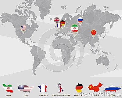 World map with Iran, USA, France, UK, Germany, China, Russia pointers Stock Photo