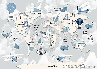 World map for kids with cute animals cartoon planes and air balloons. Children's map design for wallpaper, kid's room Cartoon Illustration