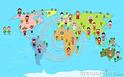 World map and kids of various nationalities Vector Illustration