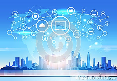World map laptop icon database cloud security network futuristic interface data privacy connection concept skyline Vector Illustration