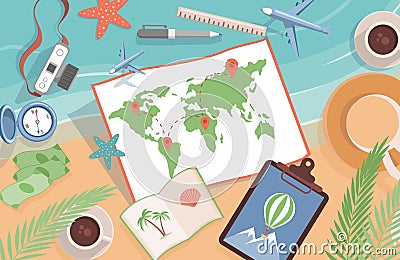 World map with location points and travel items vector flat illustration. Planning summer vacation, journey. Vector Illustration