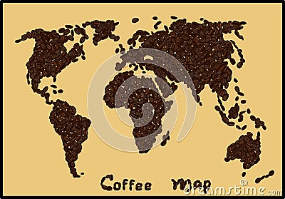 World map made of coffee beans on beige background Vector Illustration