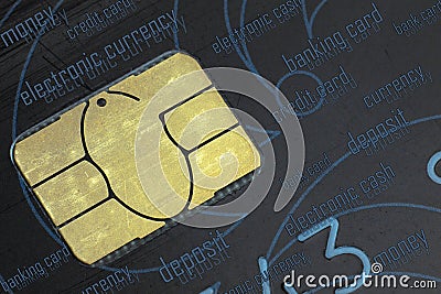 World map made of gold on a chip of the old black credit card closeup top view. Stock Photo