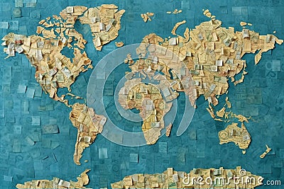 The world map is made up of pieces of different banknotes. Stock Photo