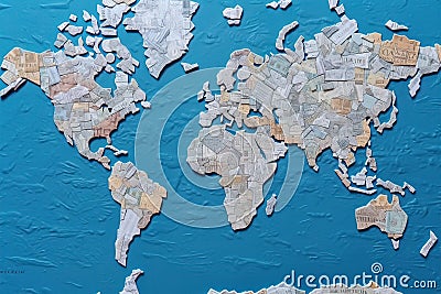 The world map is made up of pieces of different banknotes. Stock Photo