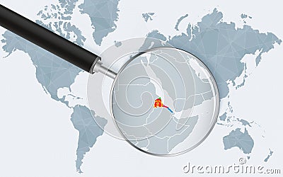 World map with a magnifying glass pointing at Eritrea. Map of Eritrea with the flag in the loop Vector Illustration