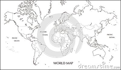 World map, Mercator projection blank map with boundary line Vector Illustration