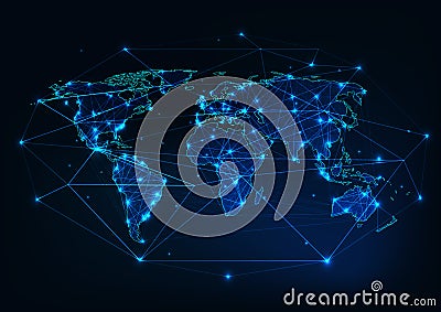 World map mesh with continents outline made of lines, dots, stars, triangles and surrounded by abstract framework. Stock Photo