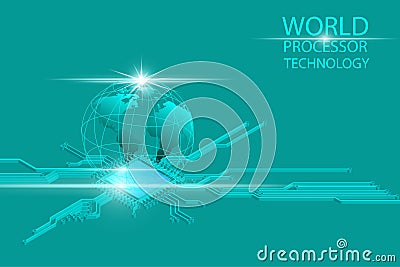 The world map on the mesh structure and isometric model of a premium computer processor. Vector Illustration
