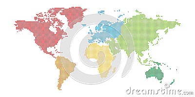 World map mosaic of small dots in defferent color for each continent. Dotted design. Simple flat vector illustration Vector Illustration