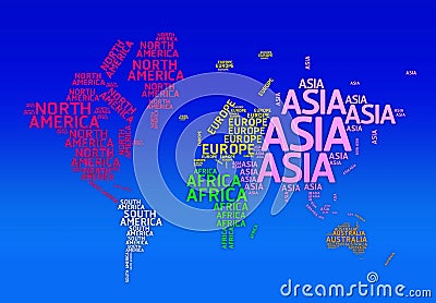 World map with names of continents. -Typo map Stock Photo