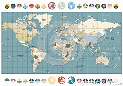 World Map old colors illustration with round flat icons and glob Vector Illustration