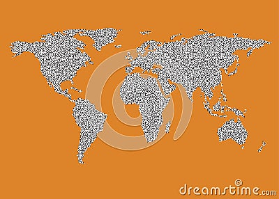 World map outline vector black dots white fill orange brown background Vector Illustration