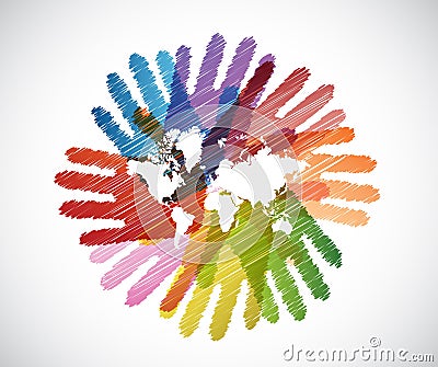 world map over diversity hands circle Cartoon Illustration