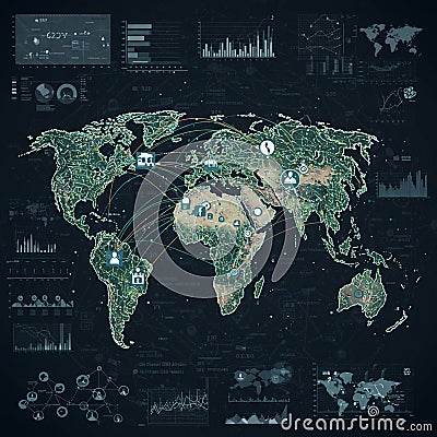 World map overlaid with interconnected data points and charts. Icons representing Stock Photo