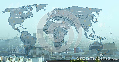 World map overlaying cityscape, displaying various data points Stock Photo
