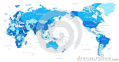 World Map - Pacific China Asia Centered View - Blue Color Political - Vector Layered Detailed Illustration Stock Photo