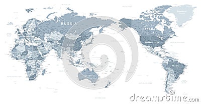 World Map - Pacific China Asia Centered View - Grayscale Color Political - Vector Layered Detailed Illustration Stock Photo