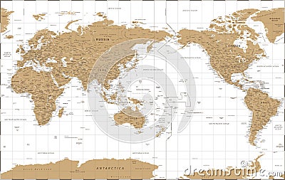 World Map - Pacific China Asia Centered View - Vintage Golden Political - Vector Detailed Illustration Stock Photo