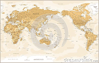 World Map - Pacific China Asia Centered View - Vintage Golden Political - Vector Detailed Illustration Stock Photo