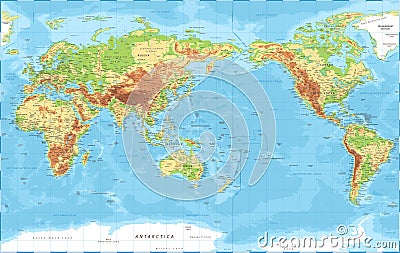 World Map - Pacific China Asia View - Physical Topographic - Vector Detailed Illustration Stock Photo