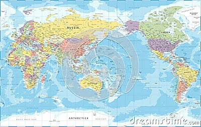 World Map - Pacific View - Asia China Center - Political Topographic - Vector Detailed Illustration Stock Photo