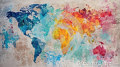 World Map Painted on Wall, A Large-Scale Representation for Geographic Reference and Decorative Purposes Stock Photo