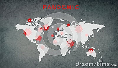World map, pandemic is standing on the textured background, outbreak of the covid-19 and monkeypox virus, infectious disease Stock Photo