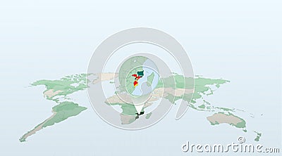 World map in perspective showing the location of the country Mozambique with detailed map with flag of Mozambique Vector Illustration
