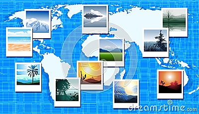 World map with photos of different geographic loca Stock Photo