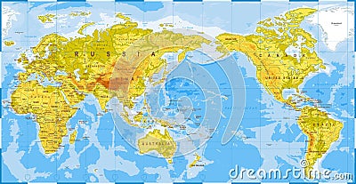 World Map Physical - Asia in Center - China, Korea, Japan Stock Photo